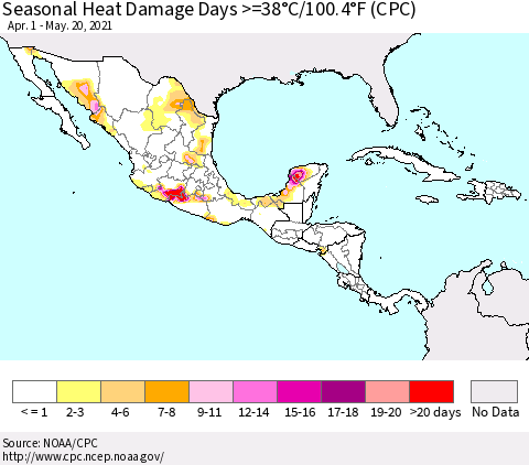 Mexico Central America and the Caribbean Seasonal Heat Damage Days >=38°C/100°F (CPC) Thematic Map For 4/1/2021 - 5/20/2021