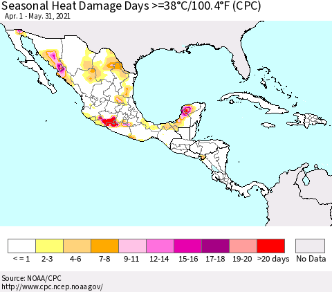 Mexico Central America and the Caribbean Seasonal Heat Damage Days >=38°C/100°F (CPC) Thematic Map For 4/1/2021 - 5/31/2021