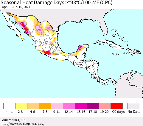 Mexico Central America and the Caribbean Seasonal Heat Damage Days >=38°C/100°F (CPC) Thematic Map For 4/1/2021 - 6/10/2021