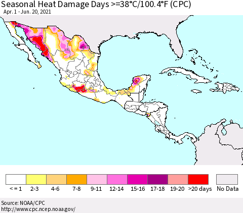 Mexico Central America and the Caribbean Seasonal Heat Damage Days >=38°C/100°F (CPC) Thematic Map For 4/1/2021 - 6/20/2021