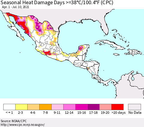 Mexico Central America and the Caribbean Seasonal Heat Damage Days >=38°C/100°F (CPC) Thematic Map For 4/1/2021 - 7/10/2021