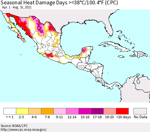 Mexico Central America and the Caribbean Seasonal Heat Damage Days >=38°C/100°F (CPC) Thematic Map For 4/1/2021 - 8/31/2021