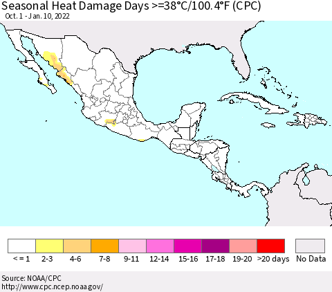 Mexico Central America and the Caribbean Seasonal Heat Damage Days >=38°C/100°F (CPC) Thematic Map For 10/1/2021 - 1/10/2022