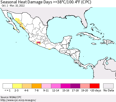 Mexico Central America and the Caribbean Seasonal Heat Damage Days >=38°C/100°F (CPC) Thematic Map For 10/1/2021 - 3/10/2022