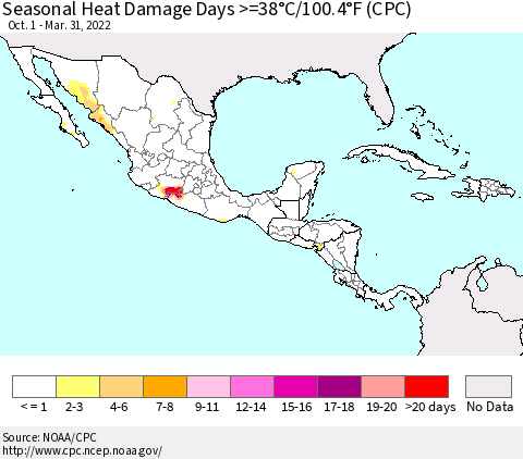 Mexico Central America and the Caribbean Seasonal Heat Damage Days >=38°C/100°F (CPC) Thematic Map For 10/1/2021 - 3/31/2022