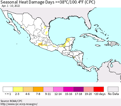 Mexico Central America and the Caribbean Seasonal Heat Damage Days >=38°C/100°F (CPC) Thematic Map For 4/1/2022 - 4/10/2022
