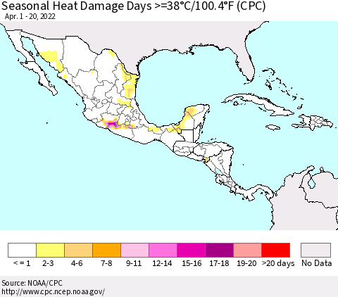 Mexico Central America and the Caribbean Seasonal Heat Damage Days >=38°C/100°F (CPC) Thematic Map For 4/1/2022 - 4/20/2022