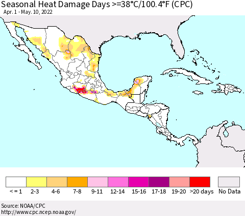 Mexico Central America and the Caribbean Seasonal Heat Damage Days >=38°C/100°F (CPC) Thematic Map For 4/1/2022 - 5/10/2022
