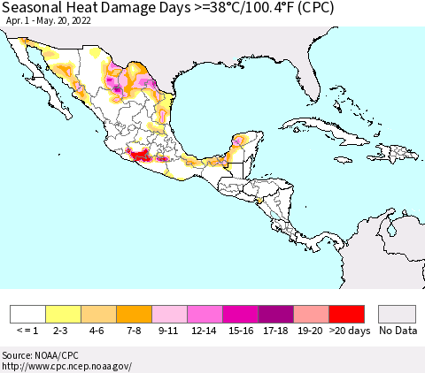 Mexico Central America and the Caribbean Seasonal Heat Damage Days >=38°C/100°F (CPC) Thematic Map For 4/1/2022 - 5/20/2022