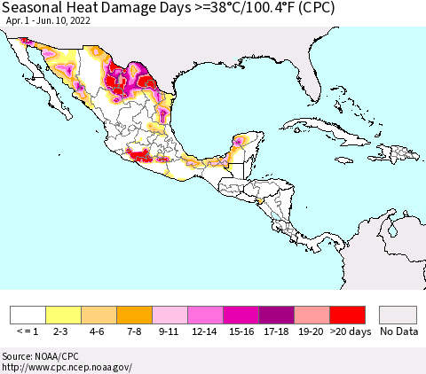 Mexico Central America and the Caribbean Seasonal Heat Damage Days >=38°C/100°F (CPC) Thematic Map For 4/1/2022 - 6/10/2022