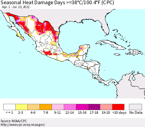 Mexico Central America and the Caribbean Seasonal Heat Damage Days >=38°C/100°F (CPC) Thematic Map For 4/1/2022 - 7/10/2022