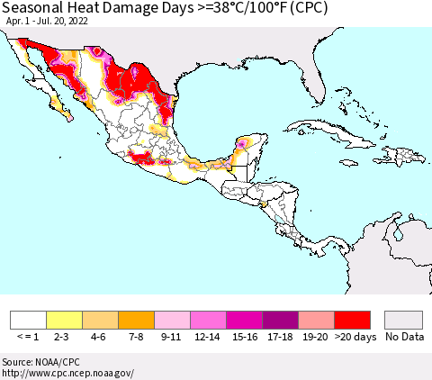 Mexico Central America and the Caribbean Seasonal Heat Damage Days >=38°C/100°F (CPC) Thematic Map For 4/1/2022 - 7/20/2022