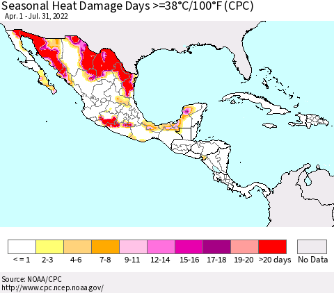 Mexico Central America and the Caribbean Seasonal Heat Damage Days >=38°C/100°F (CPC) Thematic Map For 4/1/2022 - 7/31/2022