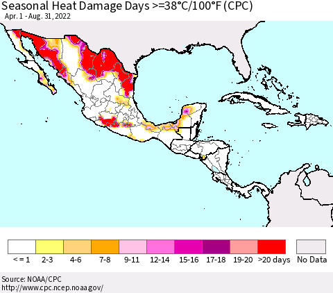 Mexico Central America and the Caribbean Seasonal Heat Damage Days >=38°C/100°F (CPC) Thematic Map For 4/1/2022 - 8/31/2022