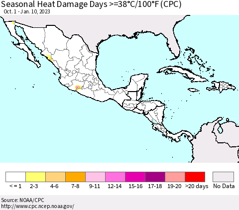 Mexico Central America and the Caribbean Seasonal Heat Damage Days >=38°C/100°F (CPC) Thematic Map For 10/1/2022 - 1/10/2023