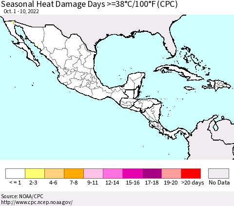 Mexico Central America and the Caribbean Seasonal Heat Damage Days >=38°C/100°F (CPC) Thematic Map For 10/1/2022 - 10/10/2022
