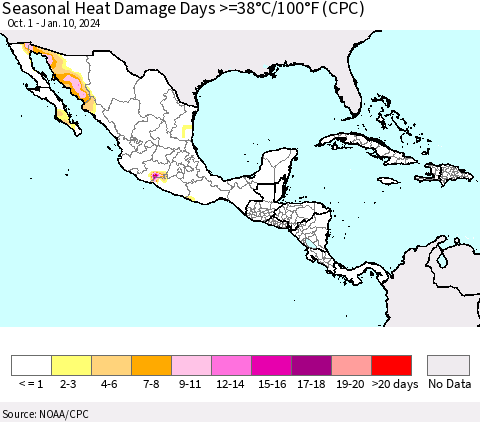 Mexico Central America and the Caribbean Seasonal Heat Damage Days >=38°C/100°F (CPC) Thematic Map For 10/1/2023 - 1/10/2024