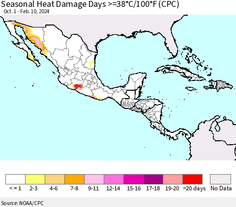 Mexico Central America and the Caribbean Seasonal Heat Damage Days >=38°C/100°F (CPC) Thematic Map For 10/1/2023 - 2/10/2024