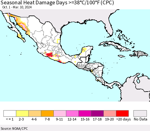 Mexico Central America and the Caribbean Seasonal Heat Damage Days >=38°C/100°F (CPC) Thematic Map For 10/1/2023 - 3/10/2024