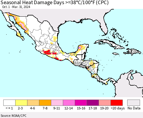 Mexico Central America and the Caribbean Seasonal Heat Damage Days >=38°C/100°F (CPC) Thematic Map For 10/1/2023 - 3/31/2024