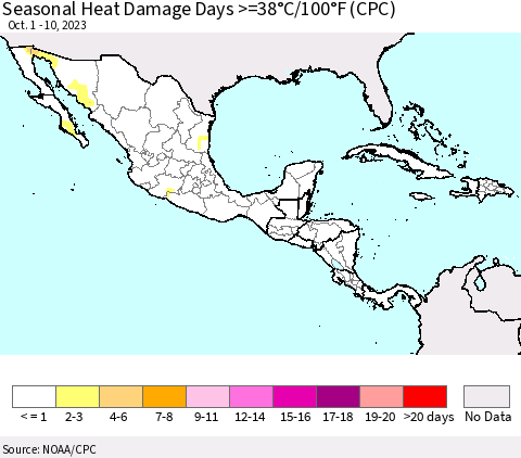 Mexico Central America and the Caribbean Seasonal Heat Damage Days >=38°C/100°F (CPC) Thematic Map For 10/1/2023 - 10/10/2023
