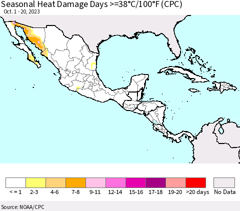 Mexico Central America and the Caribbean Seasonal Heat Damage Days >=38°C/100°F (CPC) Thematic Map For 10/1/2023 - 10/20/2023
