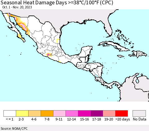 Mexico Central America and the Caribbean Seasonal Heat Damage Days >=38°C/100°F (CPC) Thematic Map For 10/1/2023 - 11/20/2023