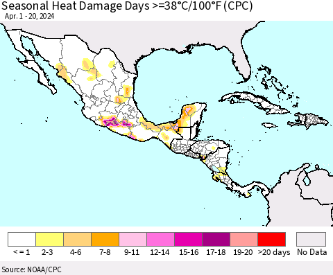 Mexico Central America and the Caribbean Seasonal Heat Damage Days >=38°C/100°F (CPC) Thematic Map For 4/1/2024 - 4/20/2024