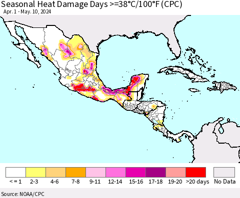 Mexico Central America and the Caribbean Seasonal Heat Damage Days >=38°C/100°F (CPC) Thematic Map For 4/1/2024 - 5/10/2024