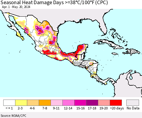 Mexico Central America and the Caribbean Seasonal Heat Damage Days >=38°C/100°F (CPC) Thematic Map For 4/1/2024 - 5/20/2024