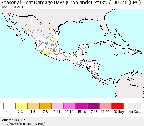 Mexico Central America and the Caribbean Seasonal Heat Damage Days (Croplands) >=38°C/100°F (CPC) Thematic Map For 4/1/2021 - 4/10/2021
