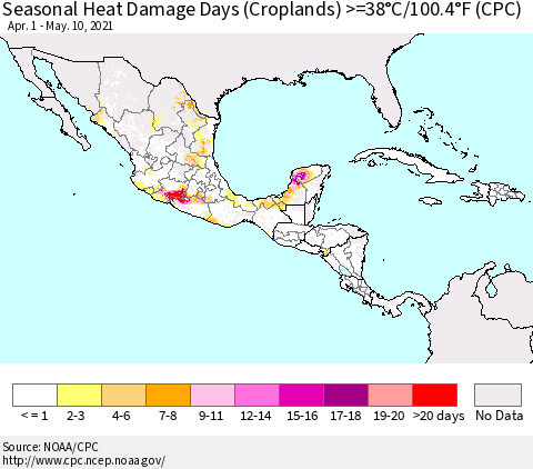 Mexico Central America and the Caribbean Seasonal Heat Damage Days (Croplands) >=38°C/100°F (CPC) Thematic Map For 4/1/2021 - 5/10/2021