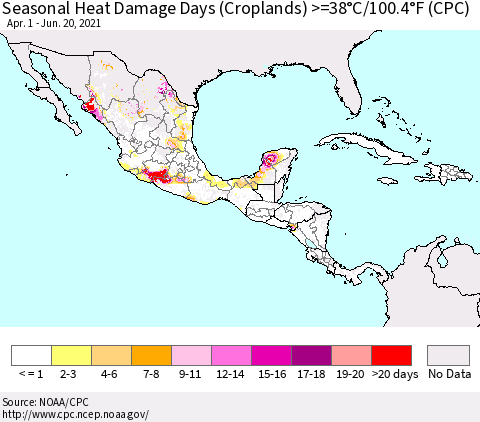 Mexico Central America and the Caribbean Seasonal Heat Damage Days (Croplands) >=38°C/100°F (CPC) Thematic Map For 4/1/2021 - 6/20/2021