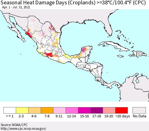Mexico Central America and the Caribbean Seasonal Heat Damage Days (Croplands) >=38°C/100°F (CPC) Thematic Map For 4/1/2021 - 7/31/2021