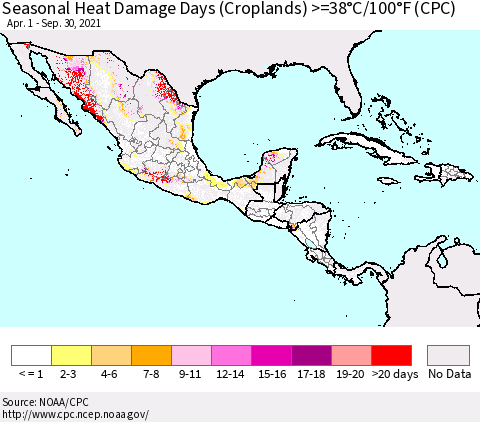 Mexico Central America and the Caribbean Seasonal Heat Damage Days (Croplands) >=38°C/100°F (CPC) Thematic Map For 4/1/2021 - 9/30/2021