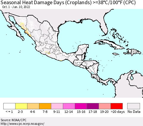 Mexico Central America and the Caribbean Seasonal Heat Damage Days (Croplands) >=38°C/100°F (CPC) Thematic Map For 10/1/2021 - 1/10/2022