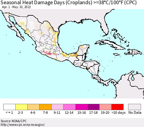 Mexico Central America and the Caribbean Seasonal Heat Damage Days (Croplands) >=38°C/100°F (CPC) Thematic Map For 4/1/2022 - 5/10/2022