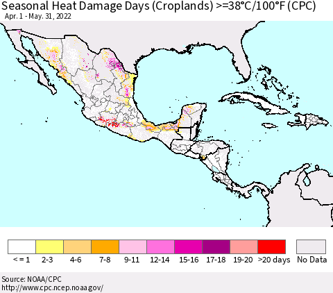 Mexico Central America and the Caribbean Seasonal Heat Damage Days (Croplands) >=38°C/100°F (CPC) Thematic Map For 4/1/2022 - 5/31/2022