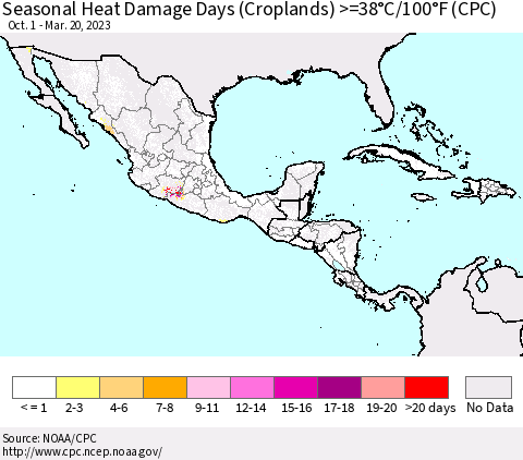 Mexico Central America and the Caribbean Seasonal Heat Damage Days (Croplands) >=38°C/100°F (CPC) Thematic Map For 10/1/2022 - 3/20/2023