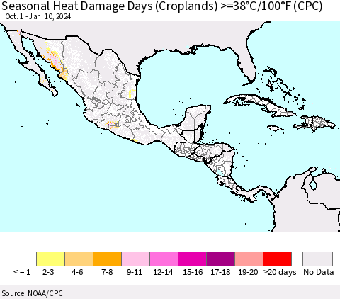Mexico Central America and the Caribbean Seasonal Heat Damage Days (Croplands) >=38°C/100°F (CPC) Thematic Map For 10/1/2023 - 1/10/2024