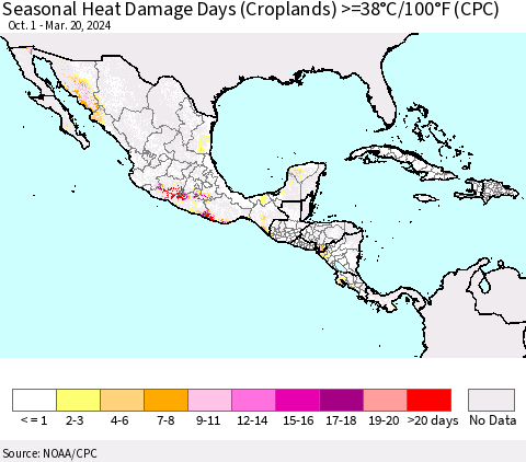 Mexico Central America and the Caribbean Seasonal Heat Damage Days (Croplands) >=38°C/100°F (CPC) Thematic Map For 10/1/2023 - 3/20/2024