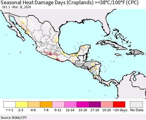 Mexico Central America and the Caribbean Seasonal Heat Damage Days (Croplands) >=38°C/100°F (CPC) Thematic Map For 10/1/2023 - 3/31/2024