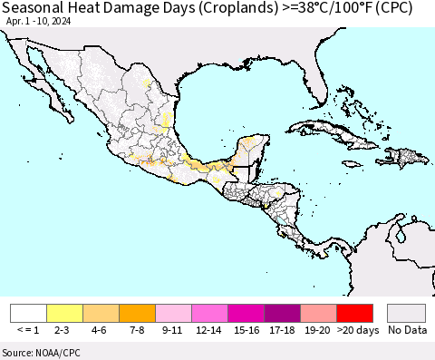 Mexico Central America and the Caribbean Seasonal Heat Damage Days (Croplands) >=38°C/100°F (CPC) Thematic Map For 4/1/2024 - 4/10/2024