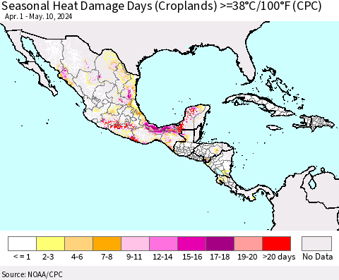 Mexico Central America and the Caribbean Seasonal Heat Damage Days (Croplands) >=38°C/100°F (CPC) Thematic Map For 4/1/2024 - 5/10/2024