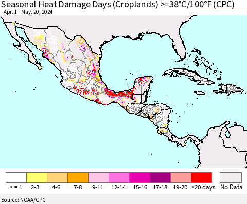 Mexico Central America and the Caribbean Seasonal Heat Damage Days (Croplands) >=38°C/100°F (CPC) Thematic Map For 4/1/2024 - 5/20/2024