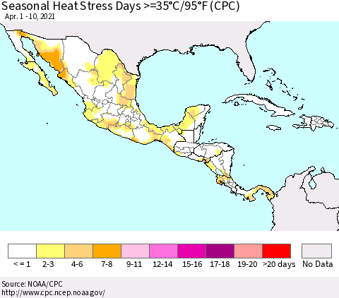 Mexico Central America and the Caribbean Seasonal Heat Stress Days >=35°C/95°F (CPC) Thematic Map For 4/1/2021 - 4/10/2021