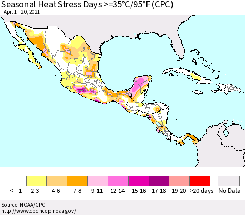 Mexico Central America and the Caribbean Seasonal Heat Stress Days >=35°C/95°F (CPC) Thematic Map For 4/1/2021 - 4/20/2021