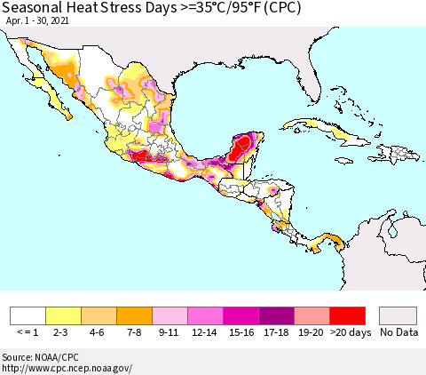 Mexico Central America and the Caribbean Seasonal Heat Stress Days >=35°C/95°F (CPC) Thematic Map For 4/1/2021 - 4/30/2021
