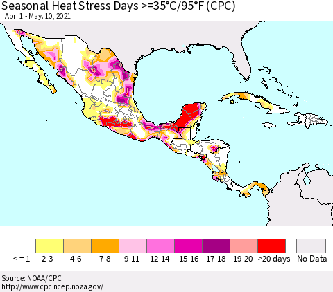 Mexico Central America and the Caribbean Seasonal Heat Stress Days >=35°C/95°F (CPC) Thematic Map For 4/1/2021 - 5/10/2021