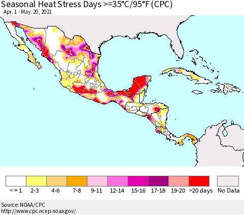 Mexico Central America and the Caribbean Seasonal Heat Stress Days >=35°C/95°F (CPC) Thematic Map For 4/1/2021 - 5/20/2021